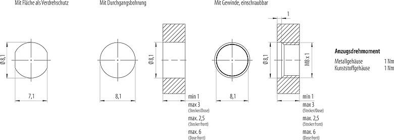 Montageanleitung / Montageausschnitt M8 Flanschstecker, Polzahl: 4, ungeschirmt, Litzen, IP67, M8x1,0, Rückwandmontage