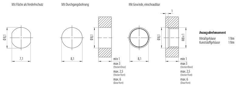 Montageanleitung / Montageausschnitt M8 Flanschstecker, Polzahl: 4, ungeschirmt, Litzen, IP67, M8x1,0, Rückwandmontage