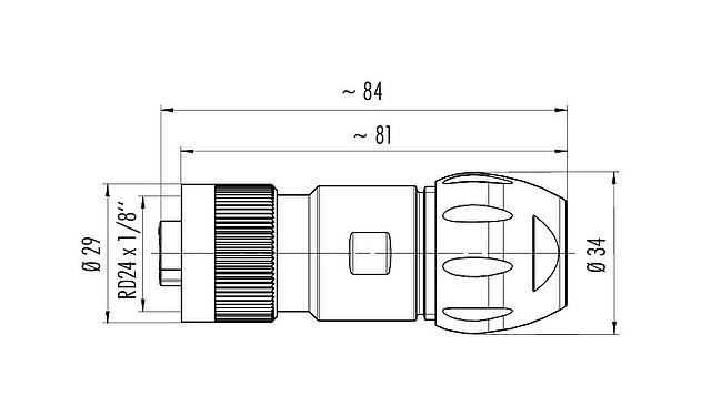 Schaaltekening RD24 Kabeldoos, aantal polen: 6+PE, 7,0-17,0 mm, onafgeschermd, krimpen (krimpcontacten dienen afzonderlijk te worden besteld), IP67, UL, ESTI+, VDE