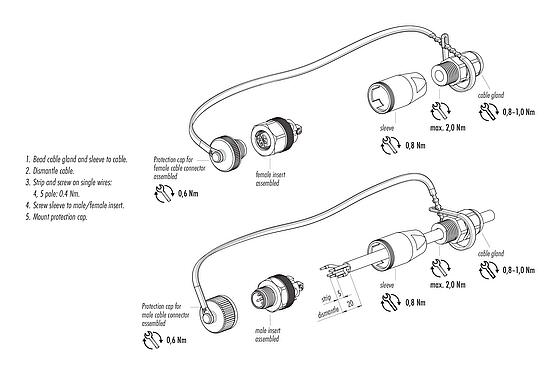Assembly instructions M12 Male cable connector, Contacts: 5, 4.0-6.5 mm, unshielded, screw clamp, IP68/IP69K, for outdoor, UV resistant