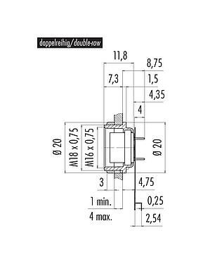 Desenho da escala M16 Soquete de flange, Contatos: 12 (12-a), desprotegido, THT, IP40, M18x0,75, Montagem no painel traseiro, dupla fila