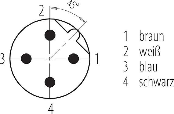 Polbild (Steckseite) M12 Flanschstecker, Polzahl: 4, ungeschirmt, Litzen, IP68, UL 2238, PG 9, Frontmontage