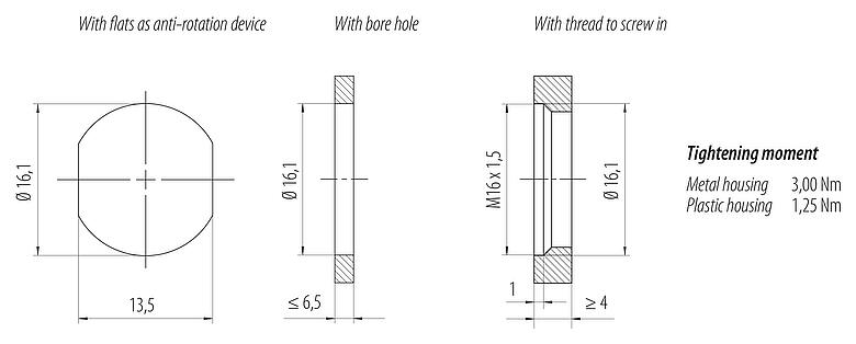 Montagevoorbeeld M12 Male panel mount connector, aantal polen: 4+FE, onafgeschermd, THR, IP67, UL 2238, M16x1,5, Frontaansluiting