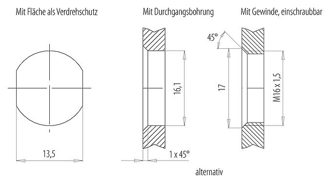 Montageanleitung / Montageausschnitt M12 Flanschdose, Polzahl: 5, ungeschirmt, Litzen, IP68, UL 2238, M16x1,5, Frontmontage, vergossen