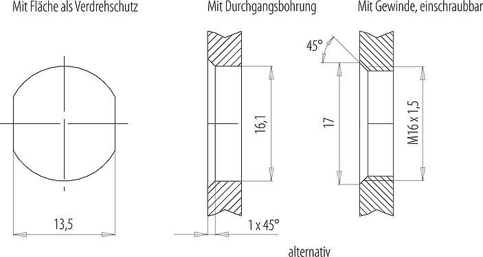 Montageanleitung / Montageausschnitt M12 Flanschstecker, Polzahl: 5, ungeschirmt, Litzen, IP68, UL 2238, M16x1,5, Frontmontage, vergossen