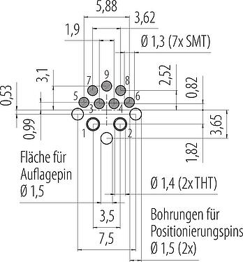 Leiterplattenlayout M12 Einbaustecker, Polzahl: 2+7, löten, IP67 gesteckt und verriegelt, Frontmontage