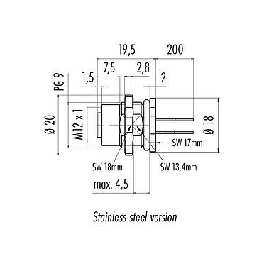 比例圖 M12 孔頭法蘭座, : 8, 非遮罩, 帶導線, IP68/IP69K, UL 2238, PG 9, 後壁安裝, 不鏽鋼