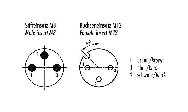 Polbild (Steckseite) M12/M8 Kabelstecker - Winkeldose, Polzahl: 3, ungeschirmt, am Kabel angespritzt, IP67/IP69K, PUR, schwarz, 3 x 0,25 mm², mit LED PNP, 1 m