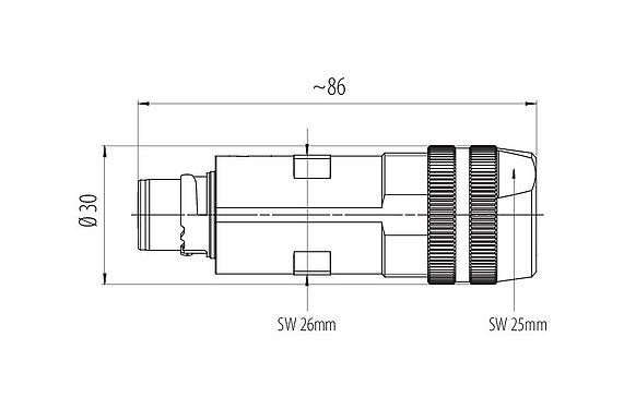 Desenho da escala 99 6155 000 06 - Baioneta Plugue de cabo, Contatos: 6 (3+PE+2), 7,0-14,0 mm, blindável, pinça de parafuso, IP67 conectado e trancados