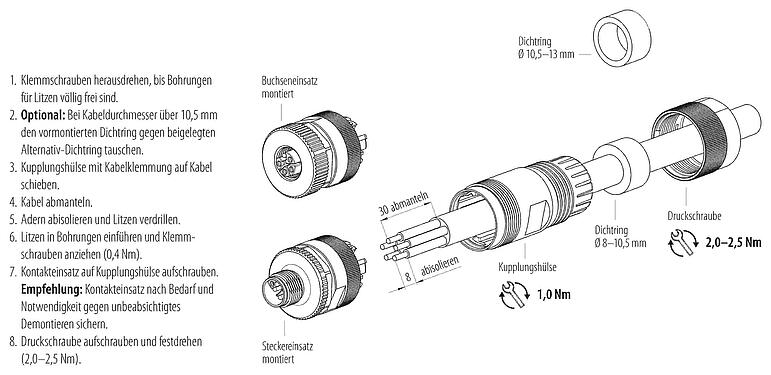 Montageanleitung M12 Kabelstecker, Polzahl: 4, 8,0-13,0 mm, ungeschirmt, schraubklemm, IP67, UL 2238, M12x1,0