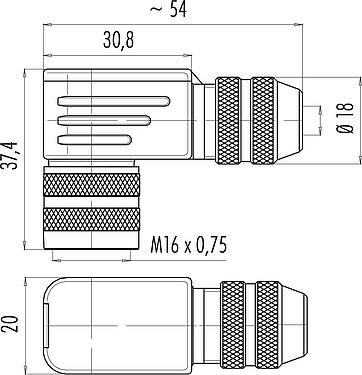 Výkres v měřítku M16 Úhlový box, : 8 (08-a), 6,0-8,0 mm, stínitelné, pájka, IP67, UL 2238