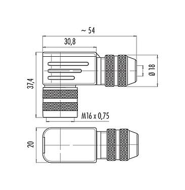 Disegno in scala M16 Connettore angolare femmin, Numero poli: 2 (02-a), 6,0-8,0 mm, schermabile, saldare, IP67, UL 2238