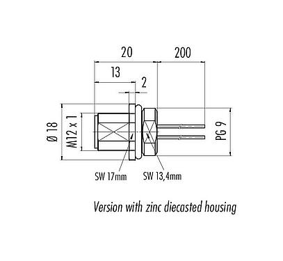 Scale drawing M12 Male panel mount connector, Contacts: 12, unshielded, single wires, IP68, UL 2238, PG 9, Front mounting
