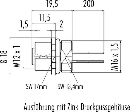 Maßzeichnung M12 Flanschdose, Polzahl: 4, ungeschirmt, Litzen, IP67, UL 2238, M16x1,5, Frontmontage