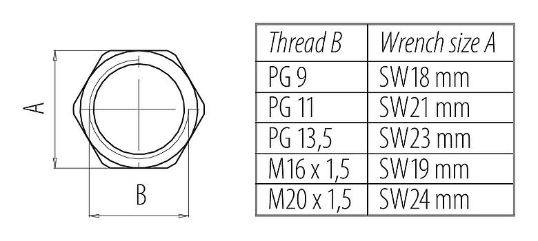 Scale drawing 16 0403 001 - M12-A/B/D/K/K/L/S/T/US/X - Hexagon nut for mounting thread PG 11