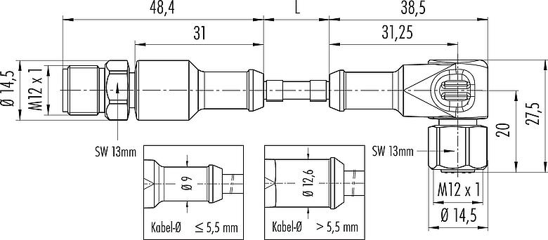 Maßzeichnung M12 Verbindungsleitung Winkeldose - Kabelstecker, Polzahl: 12, ungeschirmt, am Kabel angespritzt, IP67/IP69K, UL 2238, Ecolab, PVC, grau, 12 x 0,25 mm², Lebensmittelindustrie, Edelstahl, 5 m