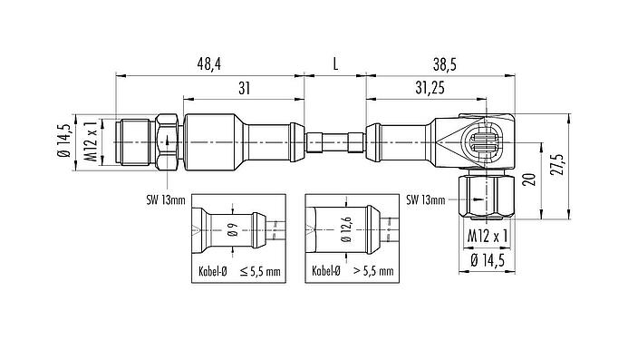 Maßzeichnung M12 Verbindungsleitung Winkeldose - Kabelstecker, Polzahl: 12, ungeschirmt, am Kabel angespritzt, IP67/IP69K, UL 2238, Ecolab, PVC, grau, 12 x 0,25 mm², Lebensmittelindustrie, Edelstahl, 2 m