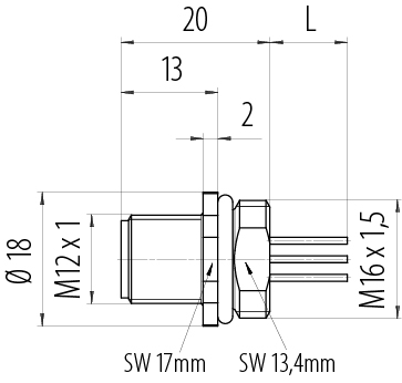 Výkres v měřítku M12 Přírubová zátka, : 8, nestíněný, Splétané vodiče, IP67, UL 2238, M16x1,5, Přední montáž
