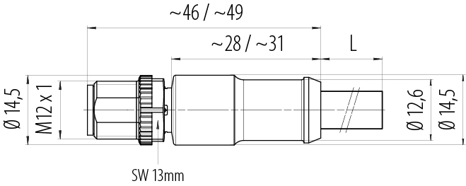 縮尺図 M12 Male cable connector, Contacts: 2, shielded, moulded on the cable, IP67, UL 2238, Profibus, PUR, violet, 2 x 0.25 mm², 10 m