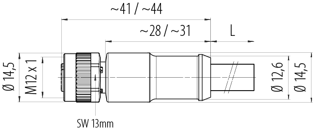 Dibujo a escala M12 Female cable connector, Contacts: 4, shielded, moulded on the cable, IP67, UL 2238, Profinet/Ethernet CAT5e, PUR, green, 4 x AWG 22, 2 m