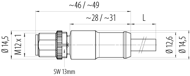 Maßzeichnung M12 Kabelstecker, Polzahl: 12, geschirmt, am Kabel angespritzt, IP67, UL 2238, PUR, schwarz, 12 x 0,25 mm², 5 m