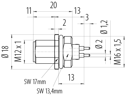 比例图 M12 针头法兰座, 极数: 4, 非屏蔽, THT, IP68, UL 2238, M16x1.5, 板前安装