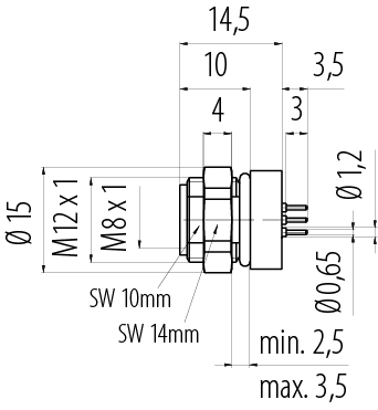 Méretarányos rajz M8 panelre szerelhető foglalat, : 3, árnyékolatlan, THT, IP67, UL 2238, M12x1,0, hátsó panel felszerelés