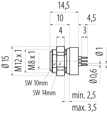 Méretarányos rajz M8 panelre szerelhető foglalat, : 8, árnyékolatlan, THT, IP67, UL 2238, M12x1,0, hátsó panel felszerelés