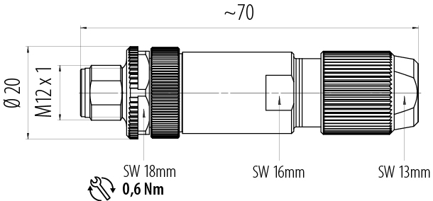 Mittakaavapiirustus M12 Kaapelipistoke, Napojen määrä: 4, 5,0-8,0 mm, suojattavissa, puristusliittäminen (puristusliitoskoskettimet on tilattava erikseen), IP67, UL 2238
