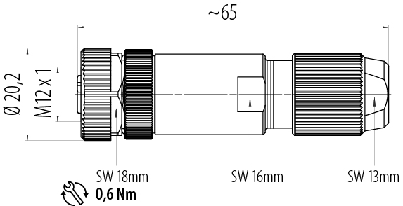 Maßzeichnung M12 Kabeldose, Polzahl: 4, 5,0-8,0 mm, schirmbar, crimpen (Crimpkontakte müssen separat bestellt werden), IP67, UL 2238