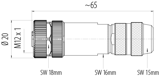 Méretarányos rajz M12 kábel aljzat, : 5, 8,0-9,0 mm, árnyékolható, csavaros bilincs, IP67, UL 2238, íriszrugó