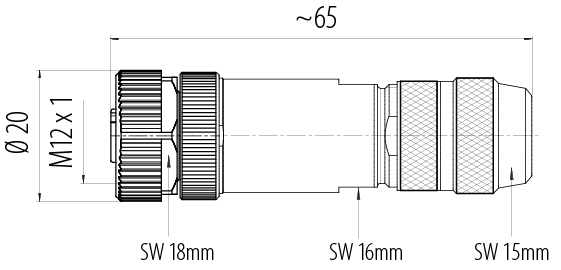 Méretarányos rajz M12 kábel aljzat, : 8, 8,0-9,0 mm, árnyékolható, csavaros bilincs, IP67, UL 2238, íriszrugó