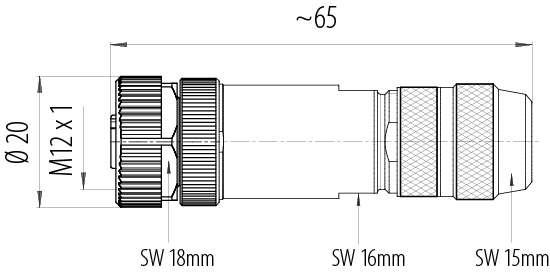 Масштабный чертеж M12 Кабельная розетка, Количество полюсов: 4, 8,0-9,0 мм, экранируемый, винтовая клемма, IP67, UL 2238, пружина радужной оболочки глаза